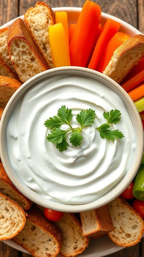 Creamy Greek yogurt dip in a bowl with parsley, served with bread and vegetables.